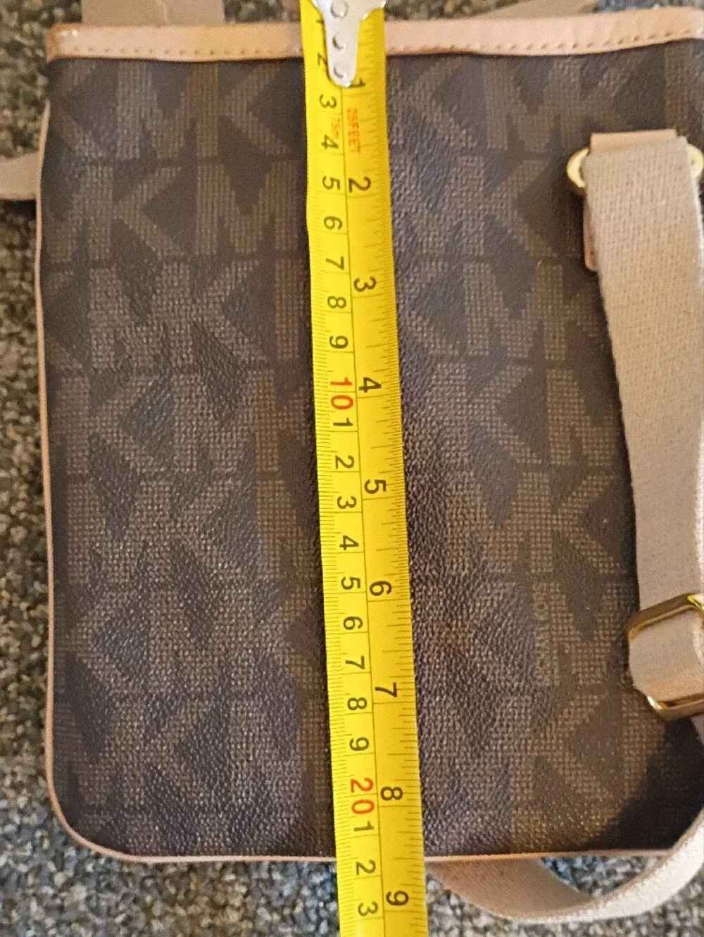 Michael Kors Brown Monogram Crossbody with Beige Strap